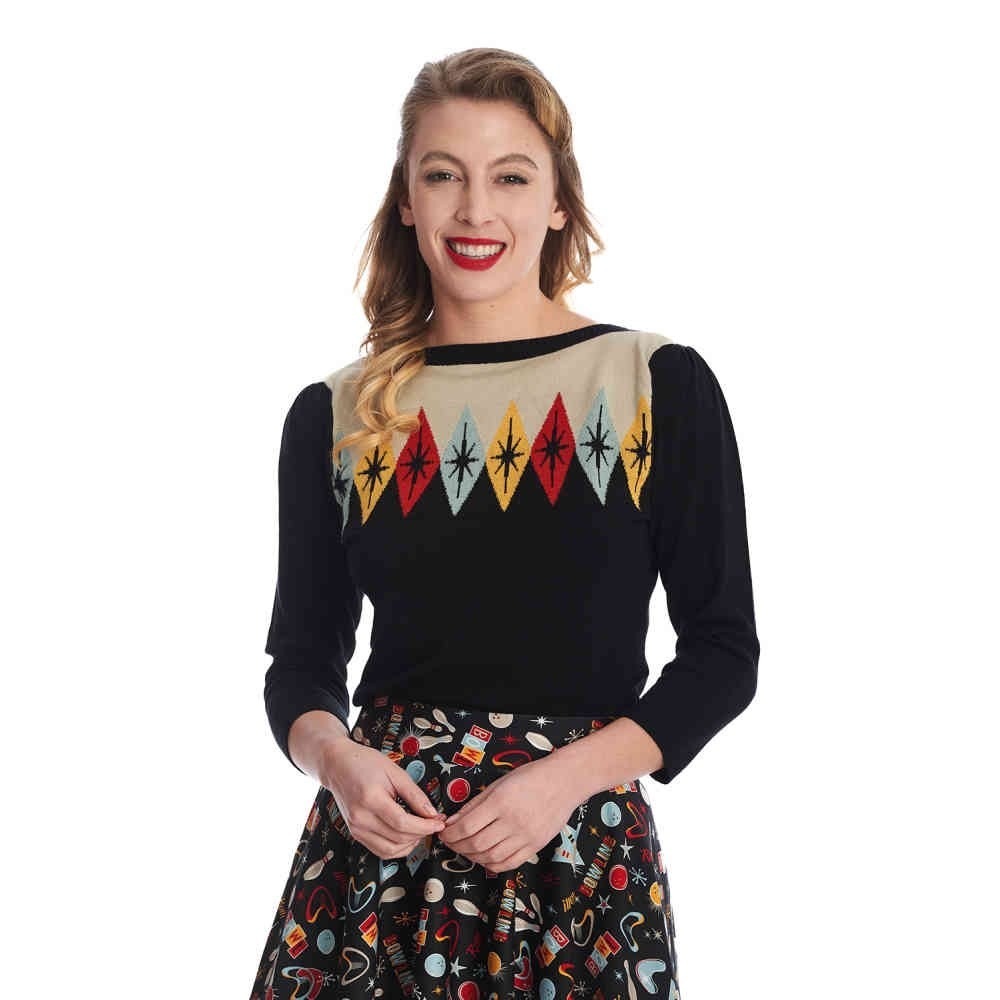 Banned Apparel Atomic Star Jumper Sweater Retro Vintage Cardigan Black Medium